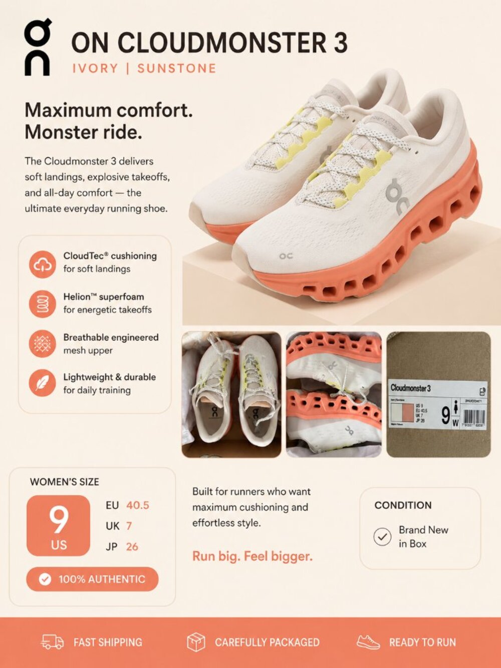 On Cloudmonster 3 Running Shoes Women’s Size 9 Ivory Sunstone Coral Cushioned Sn